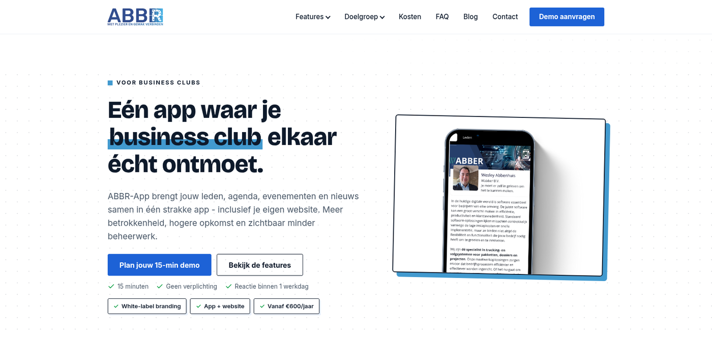 De homepage van de vernieuwde abbr-app.com